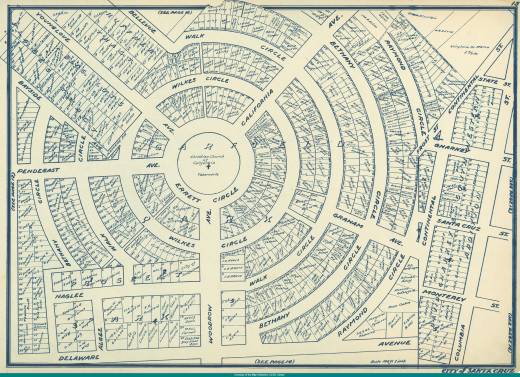 1931 map of Santa Cruz with the original numbering of the lots. Can you find 99? Its on Wilkes.